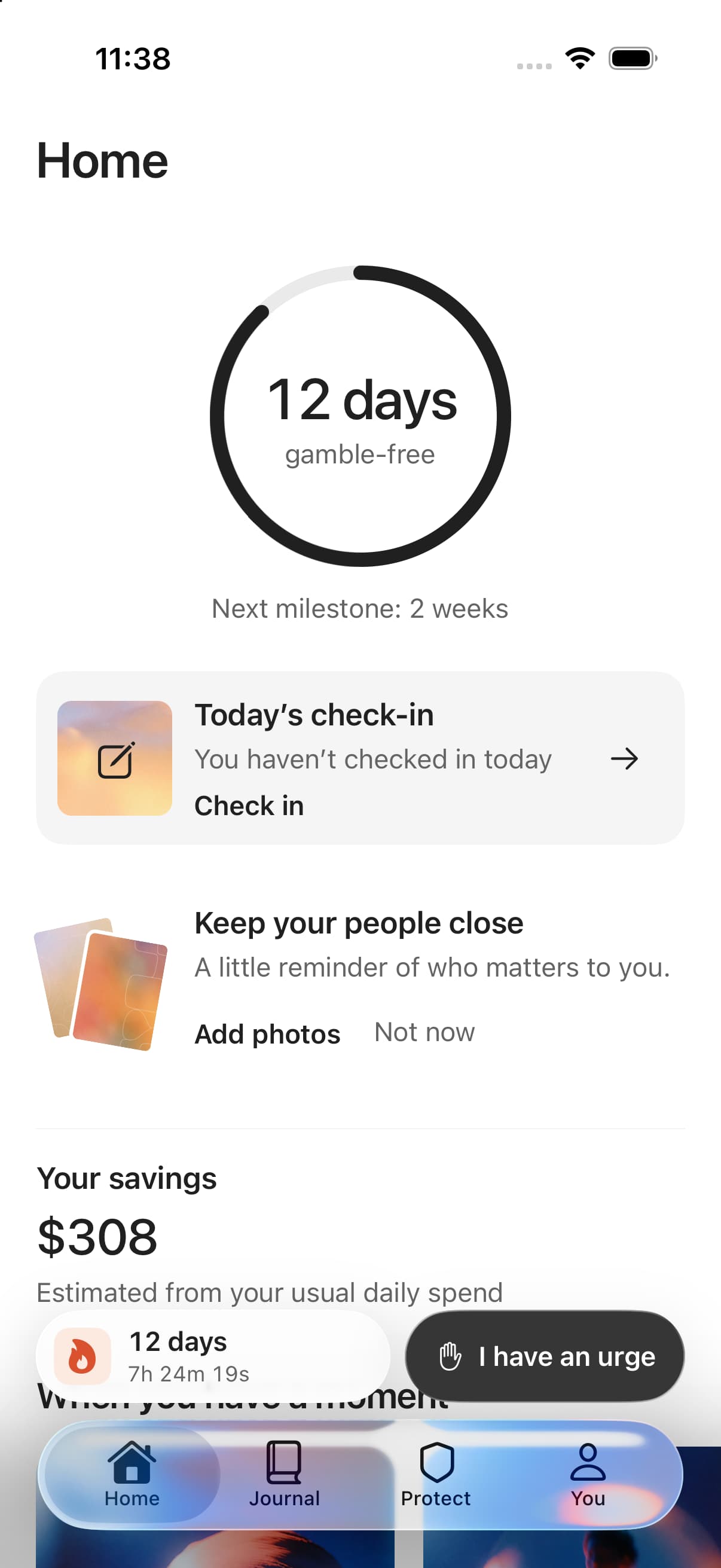 Detachr iPhone Home with a 12-day milestone, daily check-in, savings, recovery controls and Home, Journal, Protect and You tabs.
