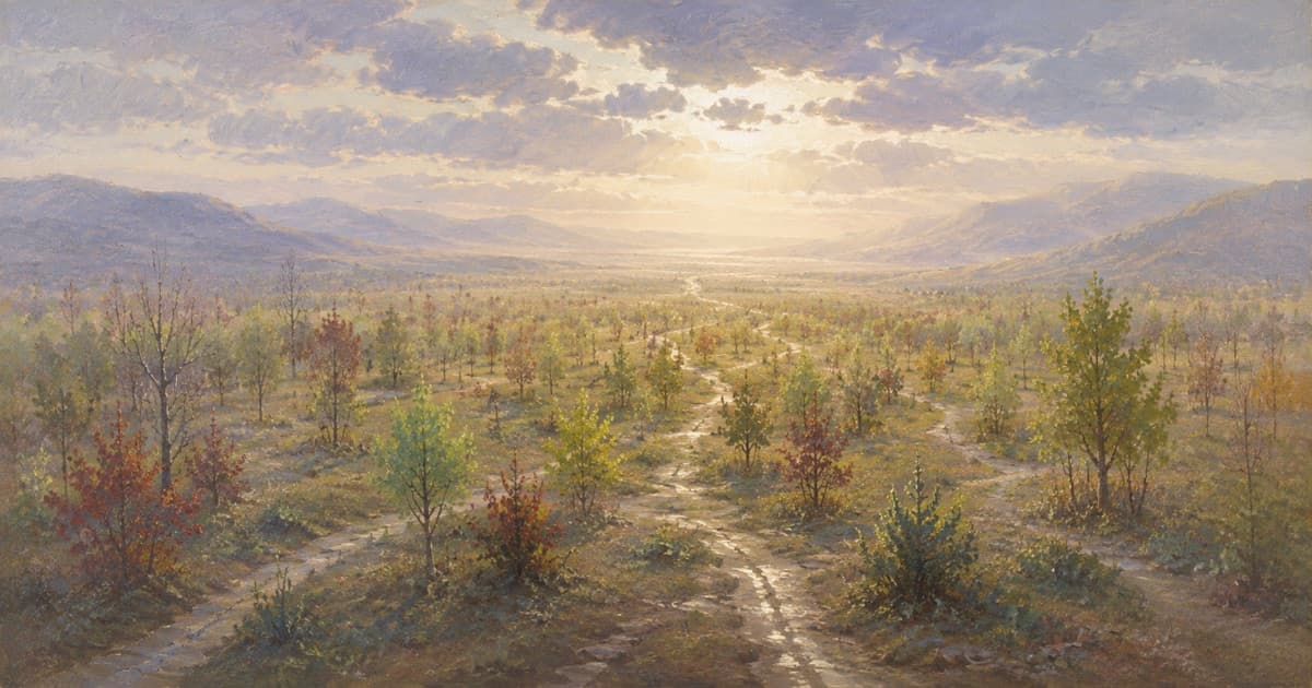 Several paths cross a sunlit landscape toward distant mountains, representing different routes and timeframes in gambling recovery.