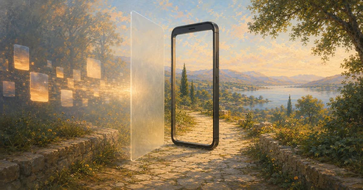 An open phone-shaped doorway leaving a clear path through a quiet landscape