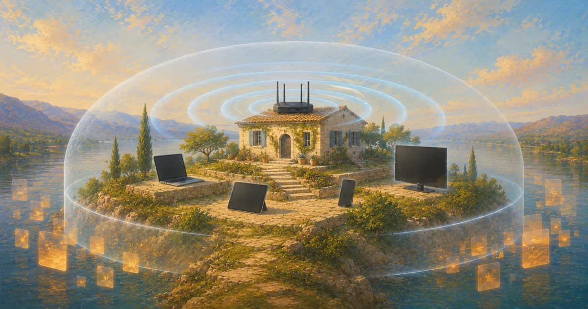 A home router surrounded by a protective network across several devices