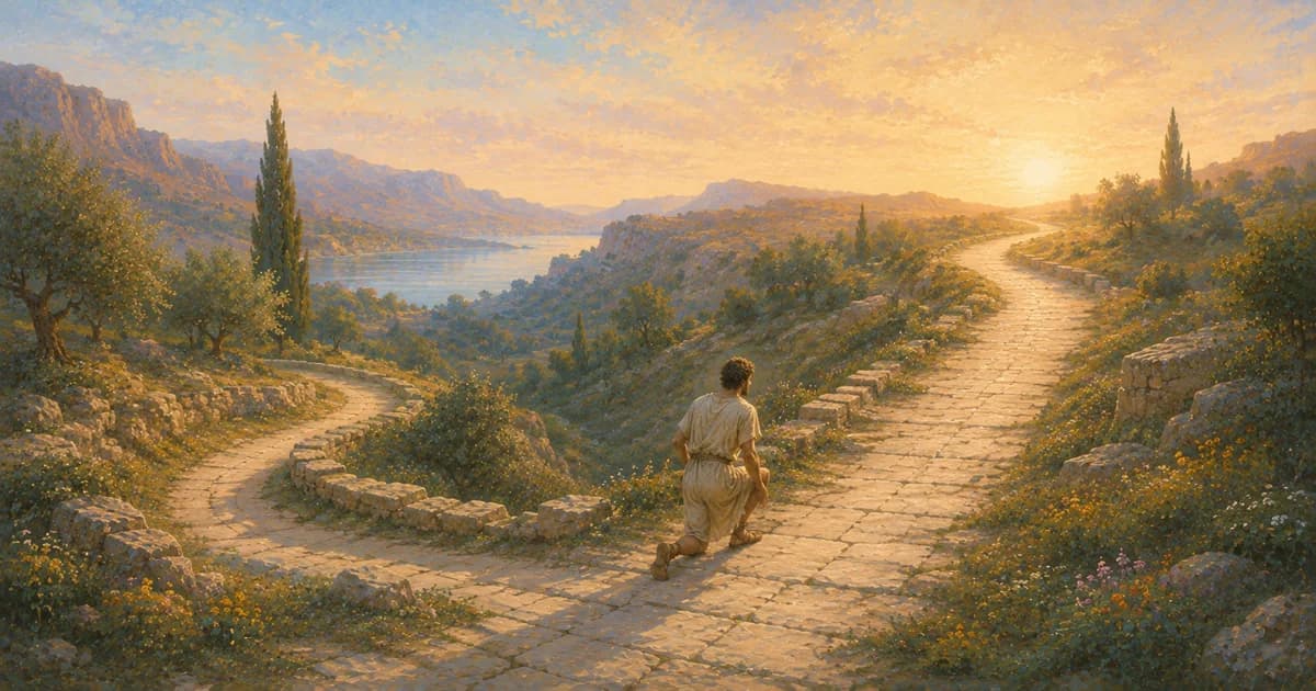 A person returning from a rough side path toward a brighter recovery road
