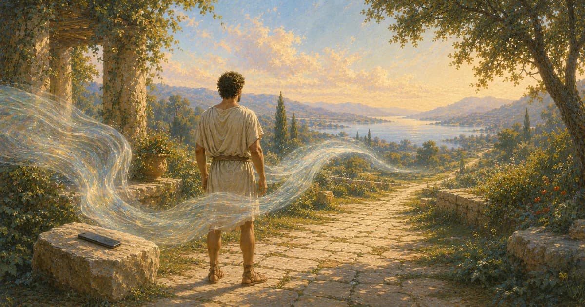 A person pausing beside a phone while a path leads toward open space