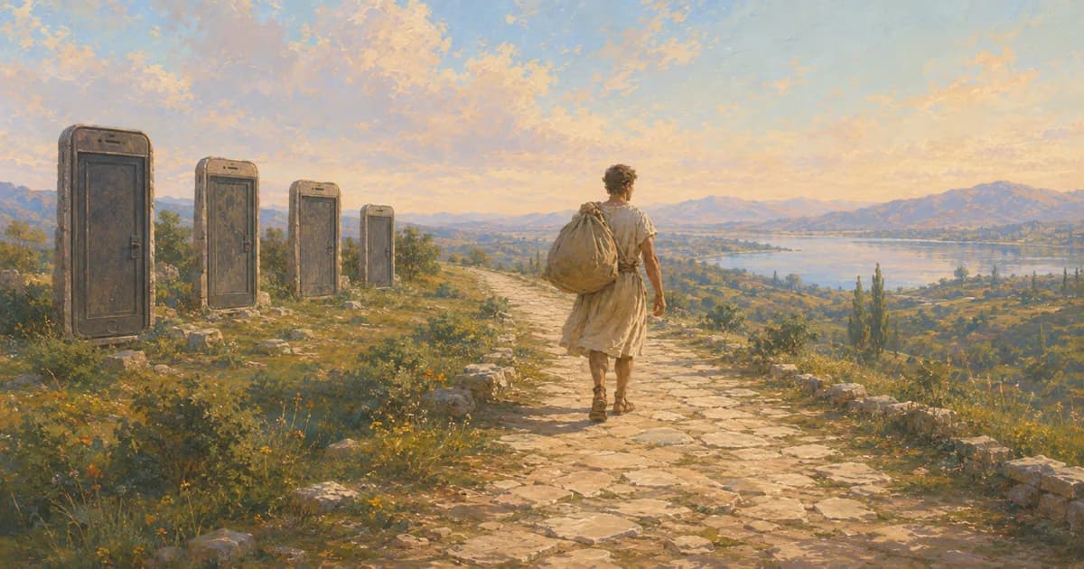 A person walking away from several phone-shaped doorways toward an open landscape