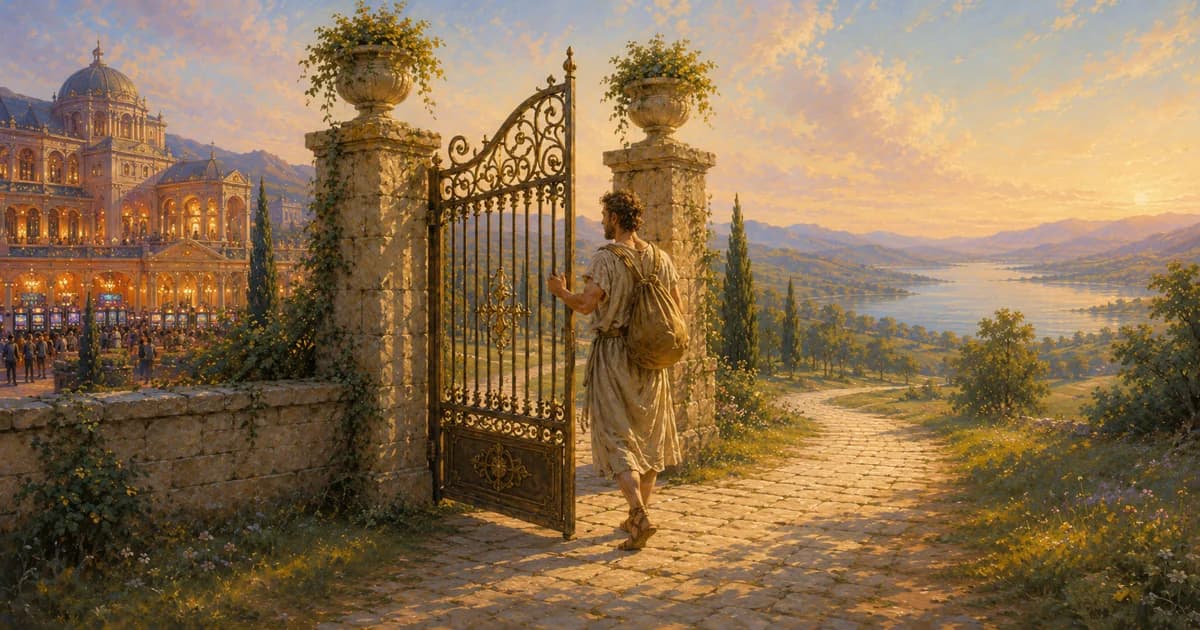 A person closing an ornate gate to gambling and walking toward an open path