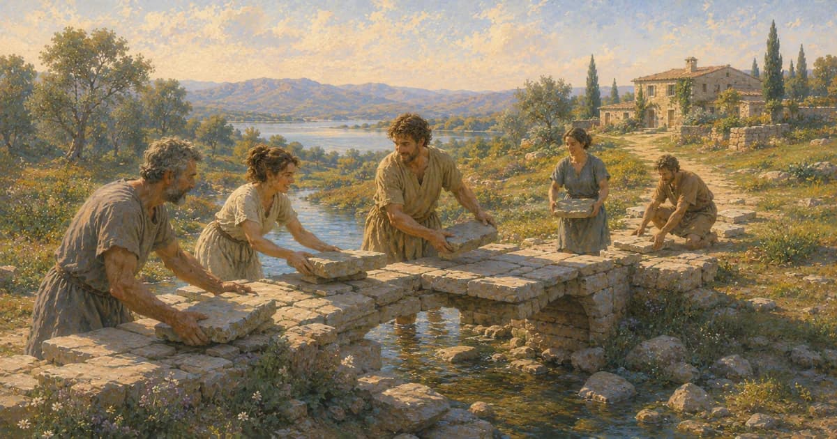 Family members working together around a table while another person approaches