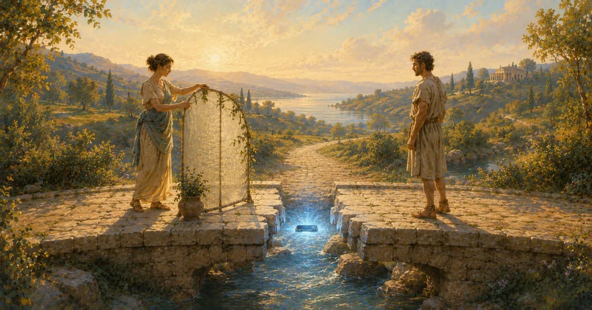 Two partners facing each other across a repaired bridge on a recovery path
