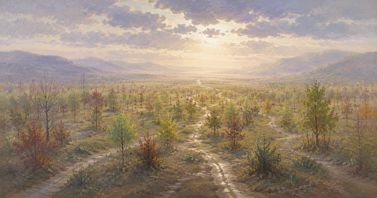 Several paths cross a sunlit landscape toward distant mountains, representing different routes and timeframes in gambling recovery.
